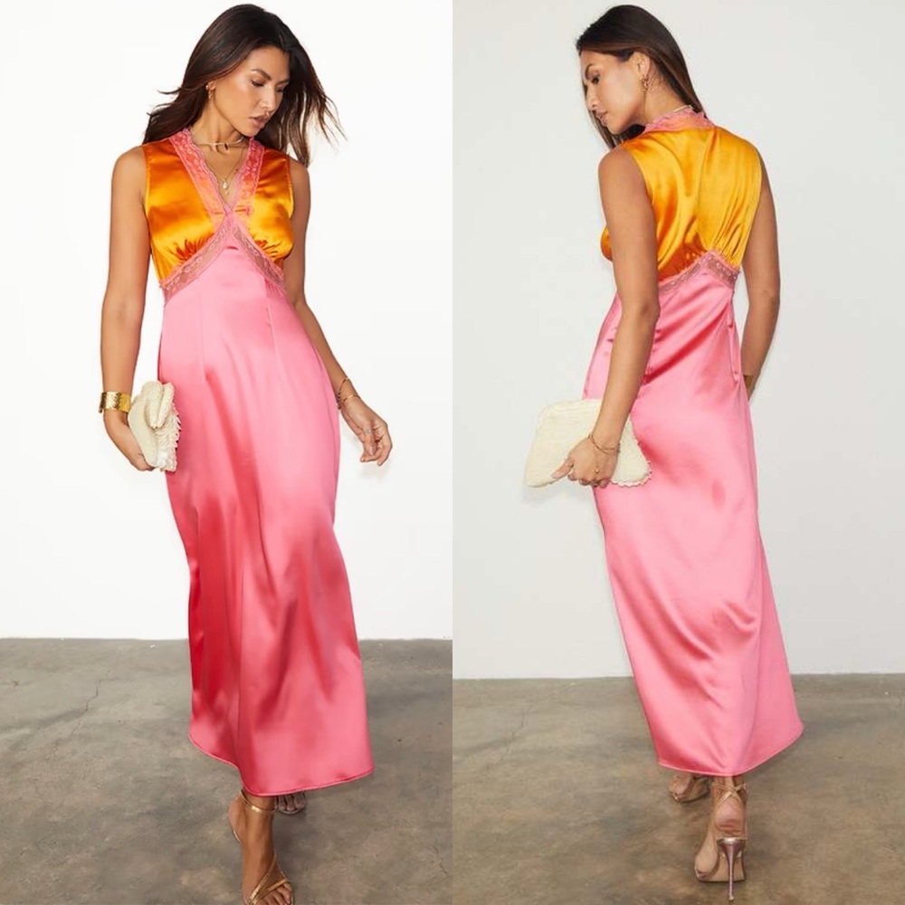 Never Fully Dressed Pink and Gold Satin Midi Dress